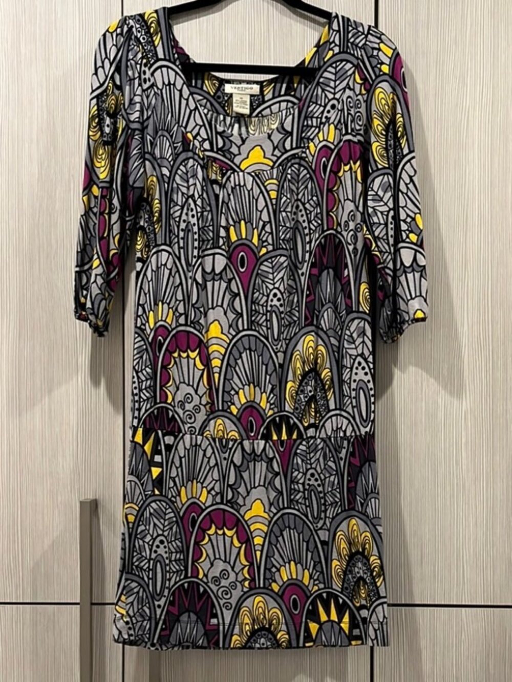 Vertigo Paris Drop Waist Dress Art Deco Print Grey Multicolor XS